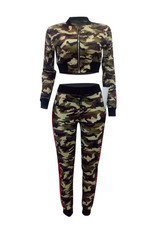 Green Camouflage Crop Pockets Drawstring Two Piece Long Sleeve Casual Long Jumpsuit