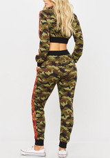 Green Camouflage Crop Pockets Drawstring Two Piece Long Sleeve Casual Long Jumpsuit