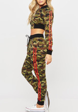 Green Camouflage Crop Pockets Drawstring Two Piece Long Sleeve Casual Long Jumpsuit