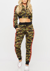 Green Camouflage Crop Pockets Drawstring Two Piece Long Sleeve Casual Long Jumpsuit