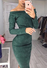 Green Boat Neck Long Sleeve Fashion Midi Dress