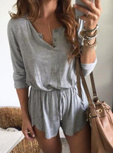 Fashion Long Sleeve Button Design Drawstring Romper