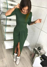 Dark Green Irregular Round Neck High-Low Long Sleeve Casual Maxi Dress