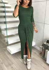 Dark Green Irregular Round Neck High-Low Long Sleeve Casual Maxi Dress