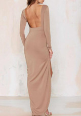Camel Irregular Backless Round Neck Long Sleeve Maxi Dress