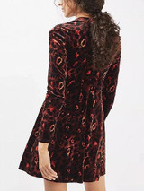 Burgundy Velvet Leopard Print Long Sleeve Mini Dress