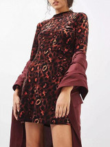 Burgundy Velvet Leopard Print Long Sleeve Mini Dress