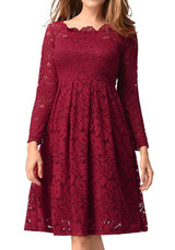 Burgundy Patchwork Lace Pleated Long Sleeve Elegant Formal Midi Dress