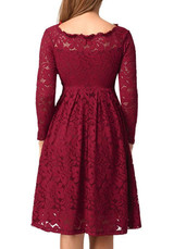 Burgundy Patchwork Lace Pleated Long Sleeve Elegant Formal Midi Dress