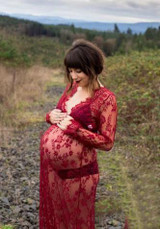 Burgundy Patchwork Lace Draped Maternity Deep V-neck Long Sleeve Maxi Dress