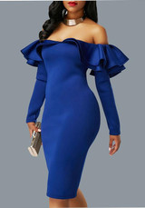 Blue Zipper Cascading Double Ruffle Off Shoulder Backless Long Sleeve Party Midi Dress
