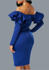 Blue Zipper Cascading Double Ruffle Off Shoulder Backless Long Sleeve Party Midi Dress
