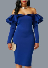 Blue Zipper Cascading Double Ruffle Off Shoulder Backless Long Sleeve Party Midi Dress