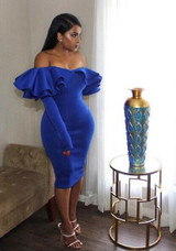 Blue Zipper Cascading Double Ruffle Off Shoulder Backless Long Sleeve Party Midi Dress
