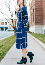 Blue Plaid Draped Long Sleeve Fashion Midi Dress