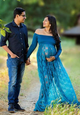 Blue Patchwork Lace Slit Off Shoulder Backless Long Sleeve Maternity Photoshoot Maxi Dress