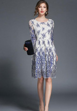Blue Patchwork Embroidery Lace Grenadine False 2-in-1 Round Neck Long Sleeve Midi Dress