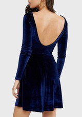 Blue Irregular Backless Round Neck Long Sleeve Mini Dress