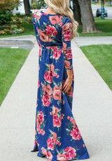 Blue Floral Draped Round Neck Long Sleeve Elegant Maxi Dress