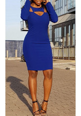 Blue Cut Out Zipper Bodycon Long Sleeve Clubwear Party Cute Midi Dress