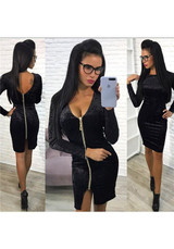 Black Zipper Long Sleeve Fashion Midi Dress