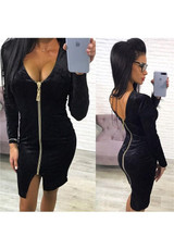 Black Zipper Long Sleeve Fashion Midi Dress