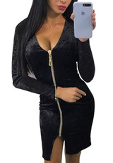 Black Zipper Long Sleeve Fashion Midi Dress