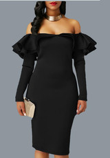 Black Zipper Cascading Double Ruffle Off Shoulder Backless Long Sleeve Party Midi Dress