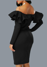 Black Zipper Cascading Double Ruffle Off Shoulder Backless Long Sleeve Party Midi Dress
