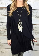 Black Tassel Round Neck Long Sleeve Casual Midi Dress Black Tassel Round Neck Long Sleeve Casual Midi Dress