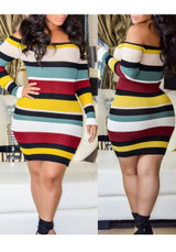 Black Striped Off Shoulder Backless Bodycon Long Sleeve Party Midi Dress