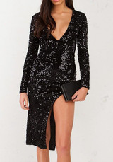 Black Sequin Patchwork Zipper Side Slit Long Sleeve Fashion Maxi Dress Black Sequin Patchwork Zipper Side Slit Long Sleeve Fashion Maxi Dress