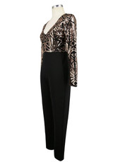 Black Sequin Patchwork Plunging Neckline Long Sleeve Fashion Jumpsuit