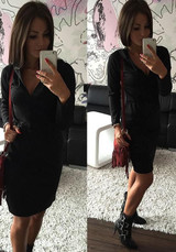 Black Ruffle Zipper V-neck Long Sleeve Casual Mini Dress
