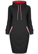 Black Pockets Drawstring High Neck Long Sleeve Fashion Midi Dress