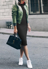 Black Pockets Drawstring High Neck Long Sleeve Fashion Midi Dress