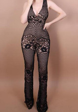 Black Lace V-neck Long Sleeve High Waisted Elegant Jumpsuit Pant