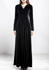 Black Irregular Pleated V-neck Long Sleeve Fashion Maxi Dress