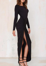 Black Irregular Backless Round Neck Long Sleeve Maxi Dress