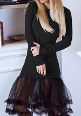 Black Grenadine Patchwork Draped Long Sleeve Round Neck Fashion Midi Dress