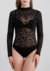 Black Floral Round Neck Long Sleeve Bodysuit Short Jumpsuit