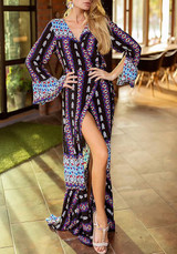 Black Floral Cut Out V-neck Long Sleeve Bohemian Maxi Dress