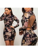Black Floral Cut Out Round Neck Long Sleeve Mini Dress