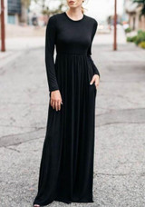 Black Draped Pockets Round Neck Long Sleeve Casual Maxi Dress