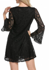Black Draped Lace Double-deck V-neck Long Sleeve Midi Dress