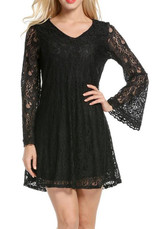 Black Draped Lace Double-deck V-neck Long Sleeve Midi Dress