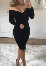Black Boat Neck Long Sleeve Fashion Midi Dress