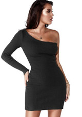 Black Asymmetric Shoulder Draped Irregular Long Sleeve Mini Dress
