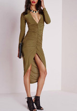 Army Green Irregular Plunging Neckline Long Sleeve Midi Dress