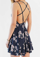 Casual Navy Blue Floral Condole Belt Pleated Cut Out Mini Dress